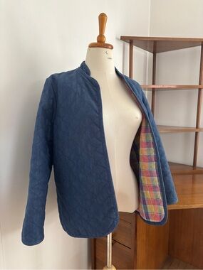 Vintage Handmade Quilted Open Denim Jacket with Plaid Lining